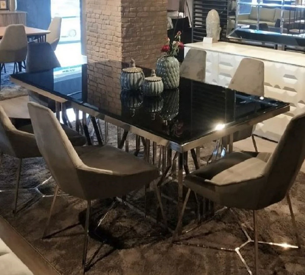 Luxus Esstisch Silber / Schwarz 200 x 100 x H. 77 cm - Rechteckiger Edelstahl Küchentisch mit Glasplatte - Esszimmer Möbel - Luxus Möbel - Luxus Einrichtung