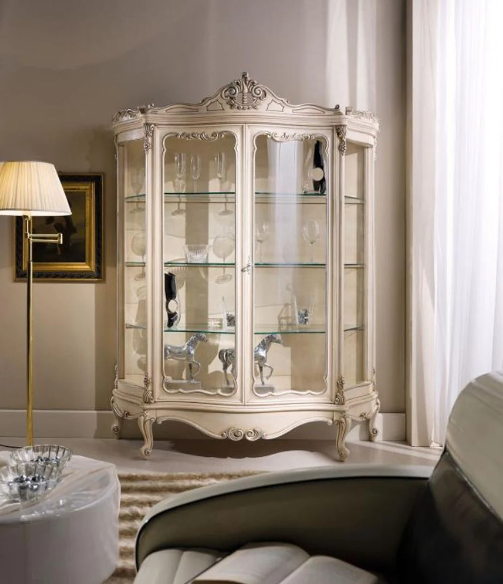 Luxus Barock Vitrine Creme / Silber 146 x 50 x H. 190 cm - Prunkvoller Barock Vitrinenschrank mit 2 Glastüren - Barock Wohnzimmer Möbel