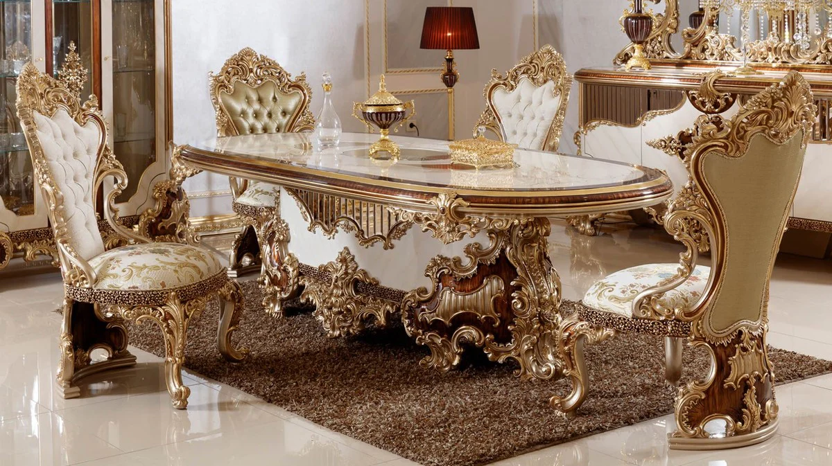Luxus Barock Esszimmer Set Weiß / Braun / Gold - 1 Barock Esstisch & 6 Barock Esszimmerstühle - Barock Esszimmer Möbel - Luxus Möbel im Barockstil - Edel & Prunkvoll - Luxus Qualität