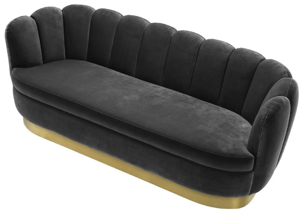 Luxus Samt Sofa Dunkelgrau / Messingfarben 225 x 90 x H. 80 cm - Wohnzimmer Sofa - Luxus Qualität