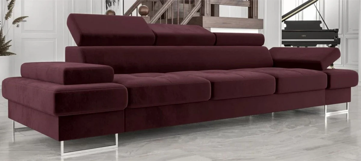 Luxus Samt Sofa Lila / Silber 305 x 97 x H. 74-95 cm - Wohnzimmer Sofa mit verstellbaren Kopfstützen - Wohnzimmer Möbel - Luxus Möbel - Luxus Einrichtung