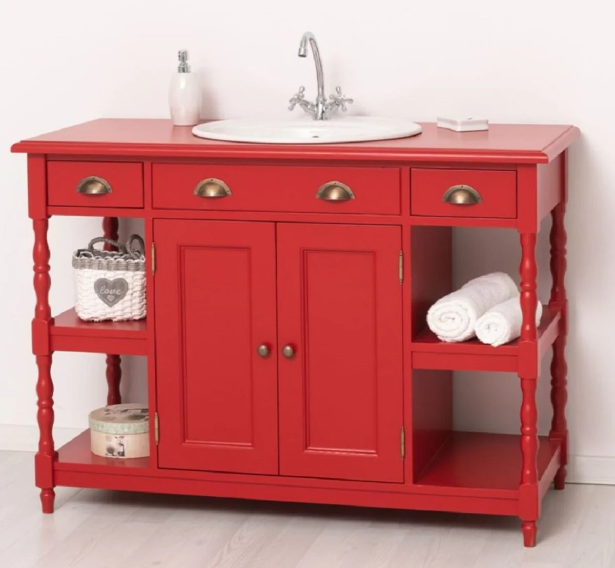 Landhausstil Massivholz Waschtisch Rot 128 cm - Landhausstil Badezimmer Möbel