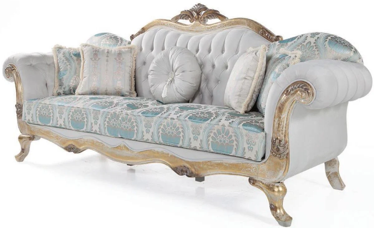 Luxus Barock Samt Sofa mit Kissen Grau / Türkis / Antik Gold 252 x 82 x H. 115 cm - Wohnzimmer Möbel im Barockstil