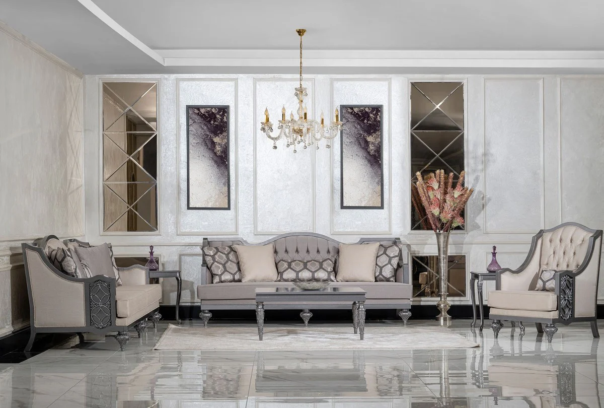 Luxus Barock Couchtisch Grau - Rechteckiger Massivholz Wohnzimmertisch im Barockstil - Barock Möbel - Luxus Möbel im Barockstil - Barock Einrichtung - Edel & Prunkvoll