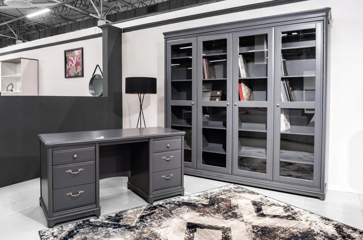 Landhausstil Bücherschrank mit 4 Glastüren Grau 234,4 cm