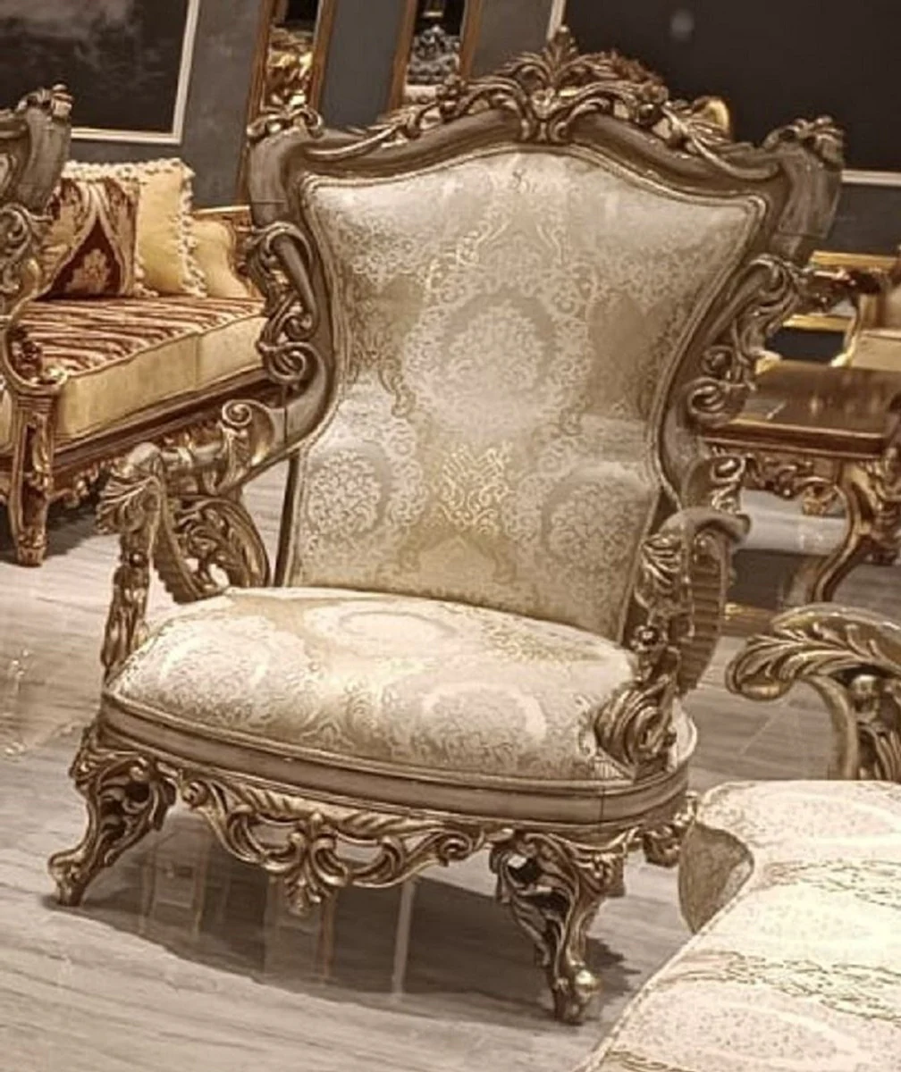 Luxus Barock Wohnzimmer Set Gold / Grau - 2 Barock Sofas & 2 Barock Sessel & 1 Runder Barock Couchtisch - Luxus Wohnzimmer Möbel im Barockstil - Edel & Prunkvoll