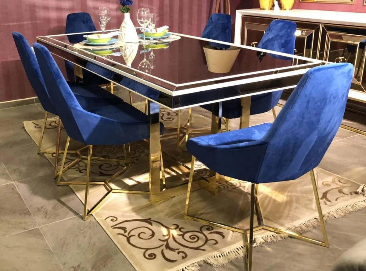 Luxus Esszimmerstuhl 6er Set Blau / Gold 54 x 53 x H. 98 cm - Luxus Küchen Stühle - Esszimmer Möbel - Küchen Möbel - Luxus Möbel - Luxus Einrichtung - Esszimmer Einrichtung