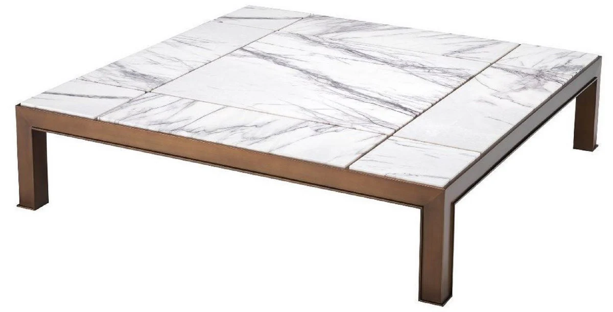Luxus Couchtisch Antik Messingfarben / Weiß / Lila 119 x 119 x H. 29 cm - Moderner Edelstahl Wohnzimmertisch mit Marmorplatten - Wohnzimmer Möbel