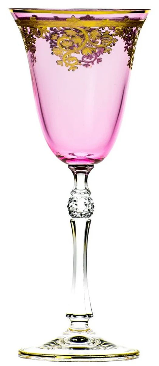 Luxus Barock Weinglas 6er Set Rosa / Gold Ø 9 x H. 21,5 cm - Handgefertigte gravierte und handbemalte Weingläser - Hotel & Restaurant Accessoires - Luxus Qualität