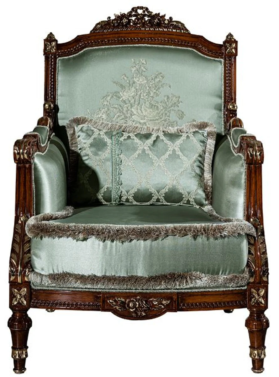 Luxus Barock Wohnzimmer Set Hellgrün / Braun - 2 Sofas & 2 Sessel & 1 Couchtisch - Prunkvolle Wohnzimmer Möbel im Barockstil