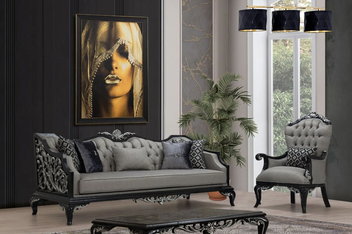 Luxus Barock Sofa Silber / Schwarz - Wohnzimmer Sofa im Barockstil - Barock Wohnzimmer Möbel - Edel & Prunkvoll