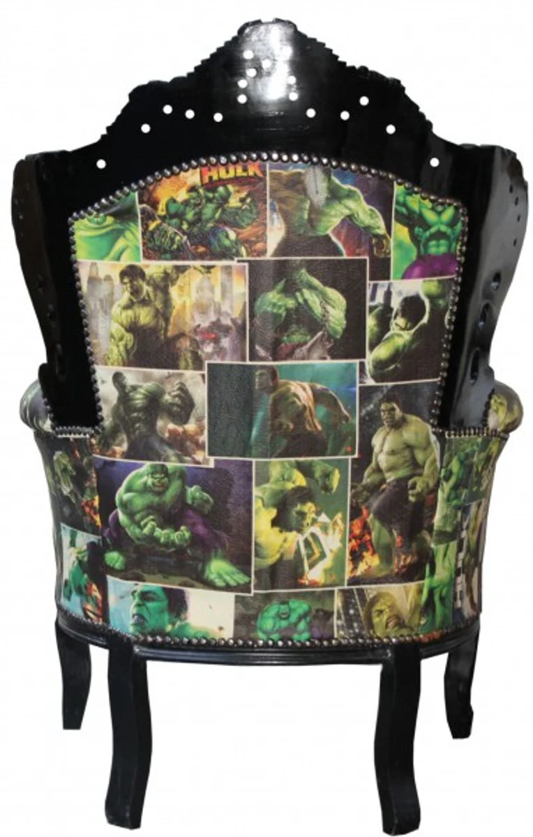 Barock Sessel King Comic Design / Schwarz Lederoptik Möbel Antik Stil - Limited Edition!