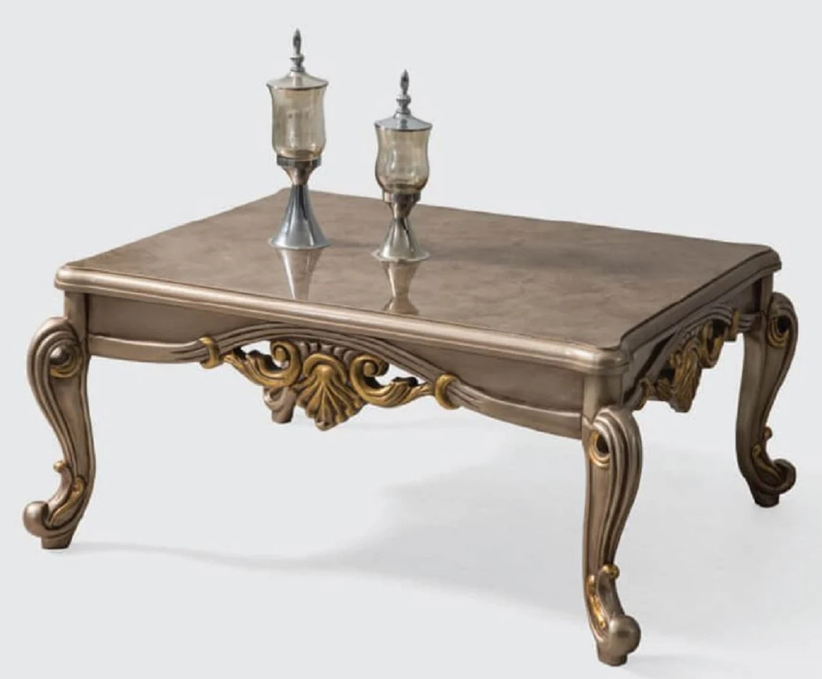 Luxus Barock Couchtisch Silbergrau / Gold 110 x 80 x H. 52 cm - Handgefertigter Massivholz Wohnzimmertisch im Barockstil - Barock Möbel