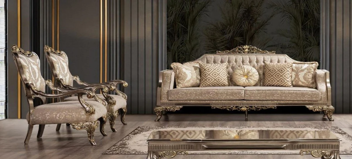 Luxus Barock Wohnzimmer Set Grau / Beige / Silber / Gold - 2 Barock Sofas mit Muster & 2 Barock Sessel mit Muster & 1 Barock Couchtisch - Barock Wohnzimmer Möbel