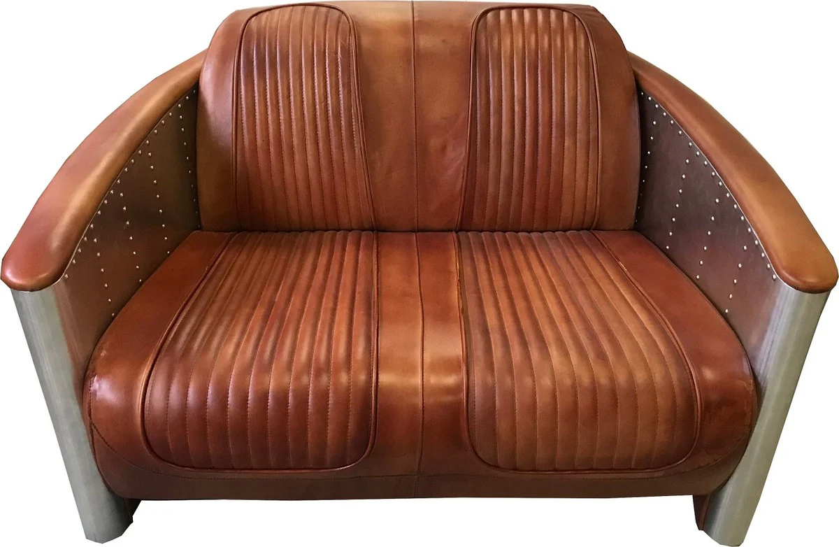 Luxus Art Deco Leder Sofa 122 x 70 x H. 82 cm - Verschiedene Farben - Aluminium Wohnzimmer Sofa mit Echtleder - Aluminium Flugzeug Flieger Sofa Möbel