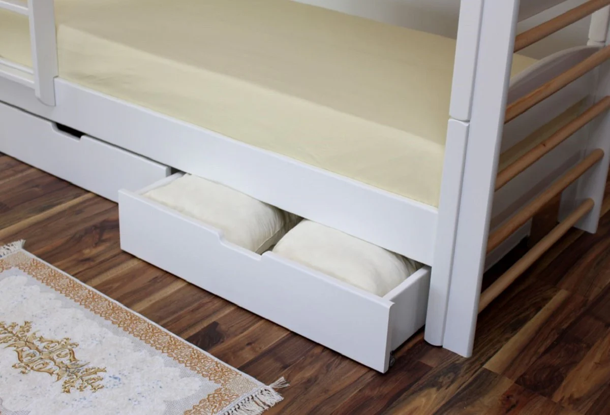 Luxus Massivholz Kinder Etagenbett Weiß / Naturfarben 211 x 98 x H. 185 cm - Multifunktions Kinderbett mit Leiter und Sprossenwand - Kinderzimmer Möbel