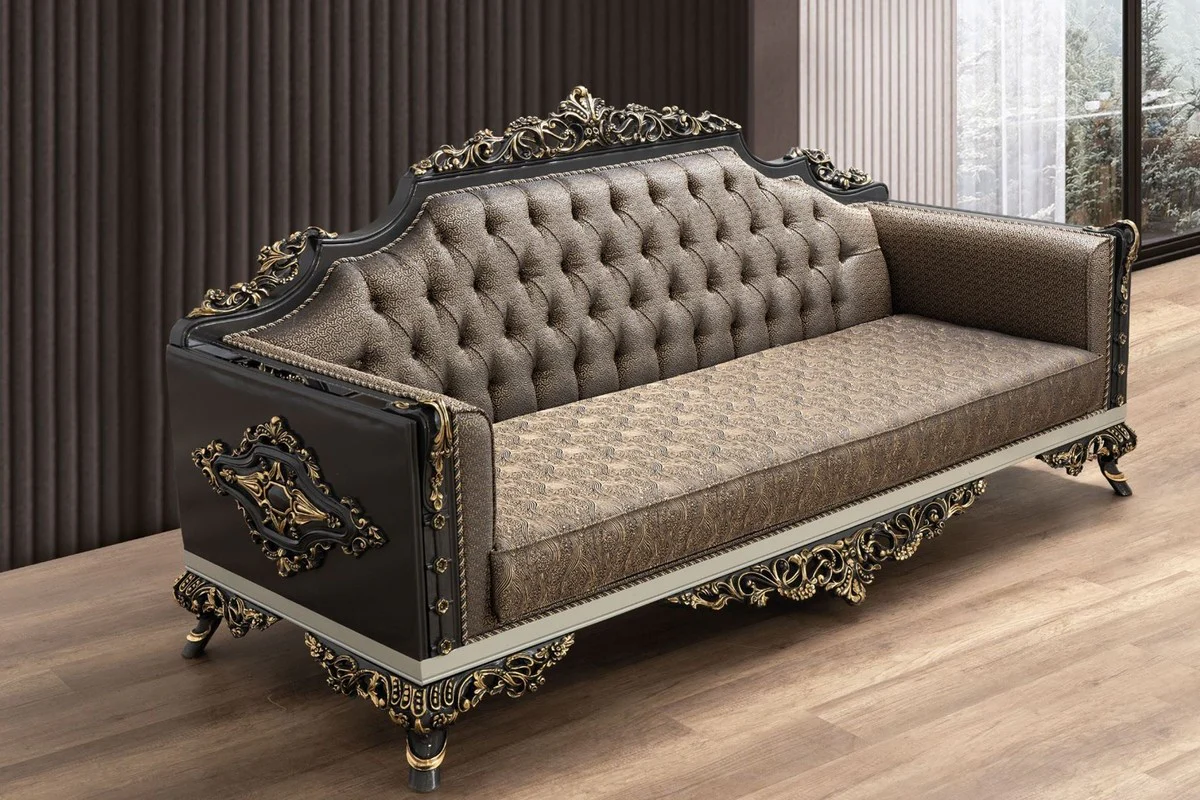 Luxus Barock Sofa Blau / Gold / Grau / Weiß / Gold - Prunkvolles Wohnzimmer Sofa mit elegantem Muster - Barock Wohnzimmer Möbel