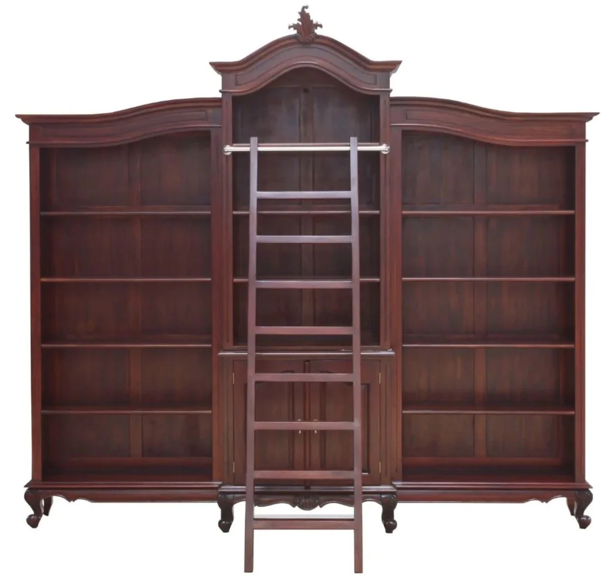 Luxus Barock Mahagoni Bücherschrank Dunkelbraun 280 x 47 x H. 245 cm - Prunkvoller Barockstil Schrank mit Leiter - Barock Büro Möbel - Edel & Prunkvoll