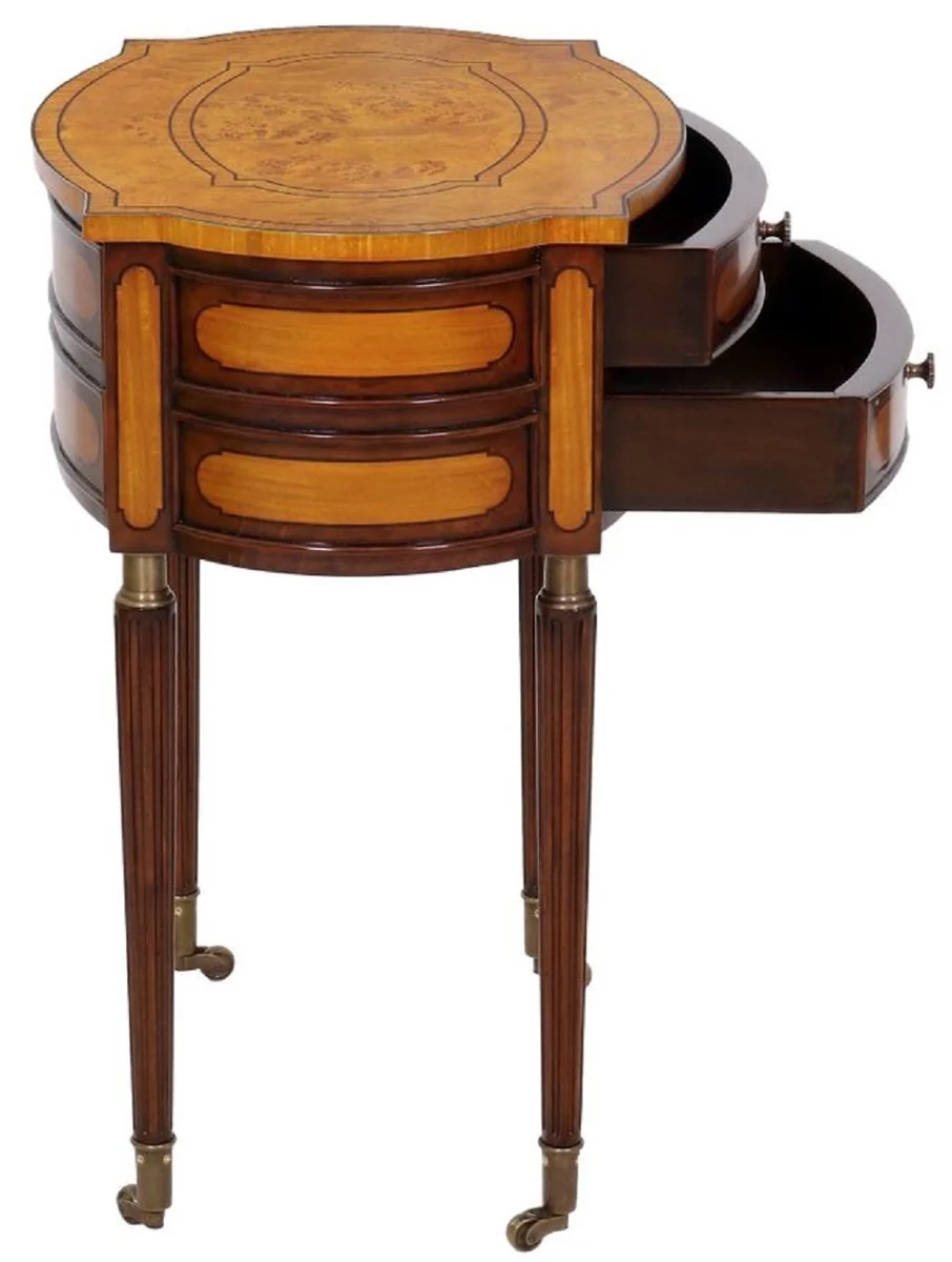 Luxus Jugendstil Nachtkommode Hellbraun / Dunkelbraun - Eleganter Massivholz Nachttisch mit 2 Schubladen und Rollen - Barock & Jugendstil Schlafzimmer Möbel