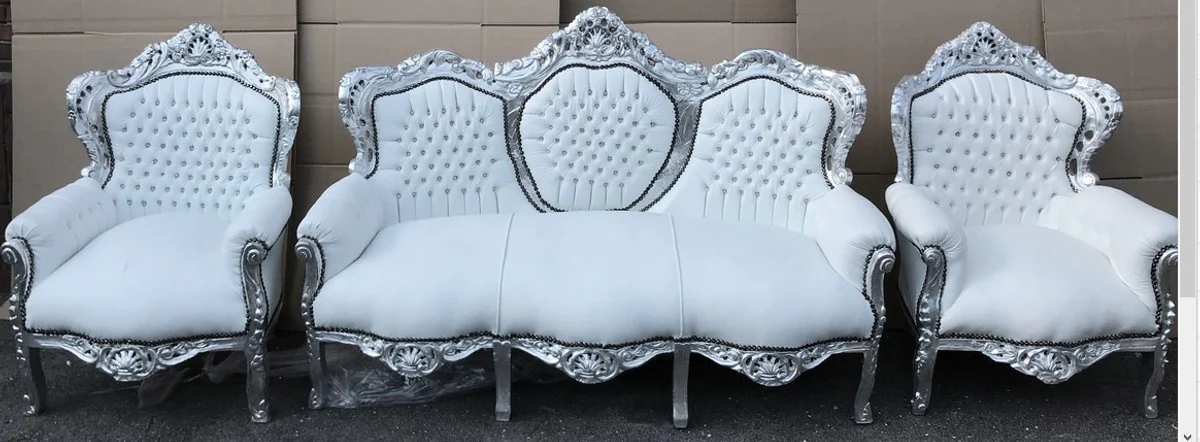 Barock Sofa Garnitur Weiß Lederoptik / Silber + 2 Sessel mit Glitzersteinen - Wohnzimmer Barock