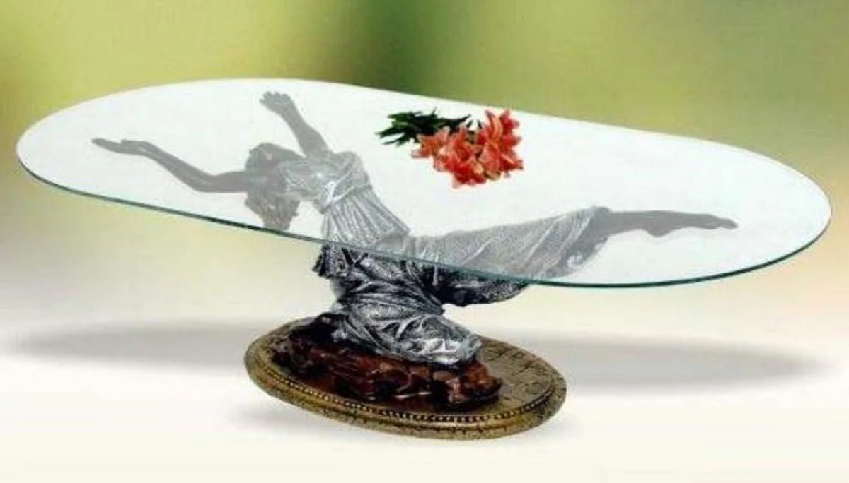 Jugendstil Couchtisch Frau Silber / Braun / Antik Gold H. 45 cm - Eleganter Wohnzimmertisch mit ovaler Glasplatte - Barock & Jugendstil Möbel