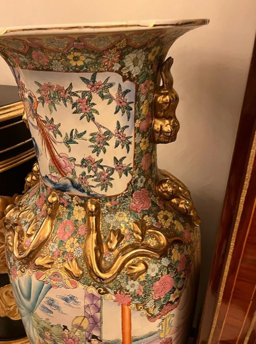 Luxus Barock Deko Vase Weiß / Mehrfarbig / Gold Ø 43 x H. 124 cm - Antike Chinesische Porzellan Vase - Chinesische Luxus Barock Deko Accessoires