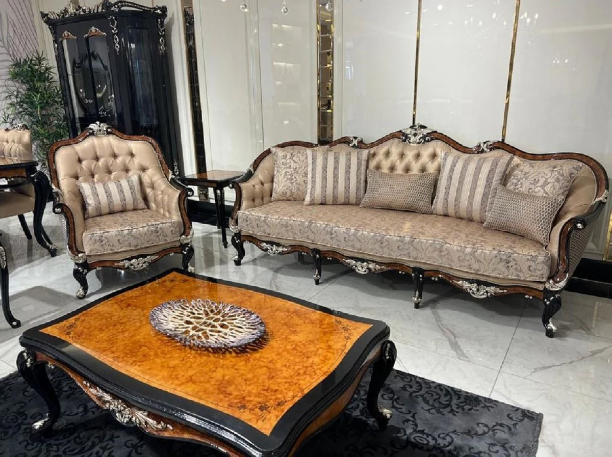 Luxus Barock Couchtisch Braun / Schwarz / Silber - Handgefertigter Massivholz Wohnzimmertisch im Barockstil - Luxus Wohnzimmer Möbel im Barockstil - Barock Möbel - Edel & Prunkvoll