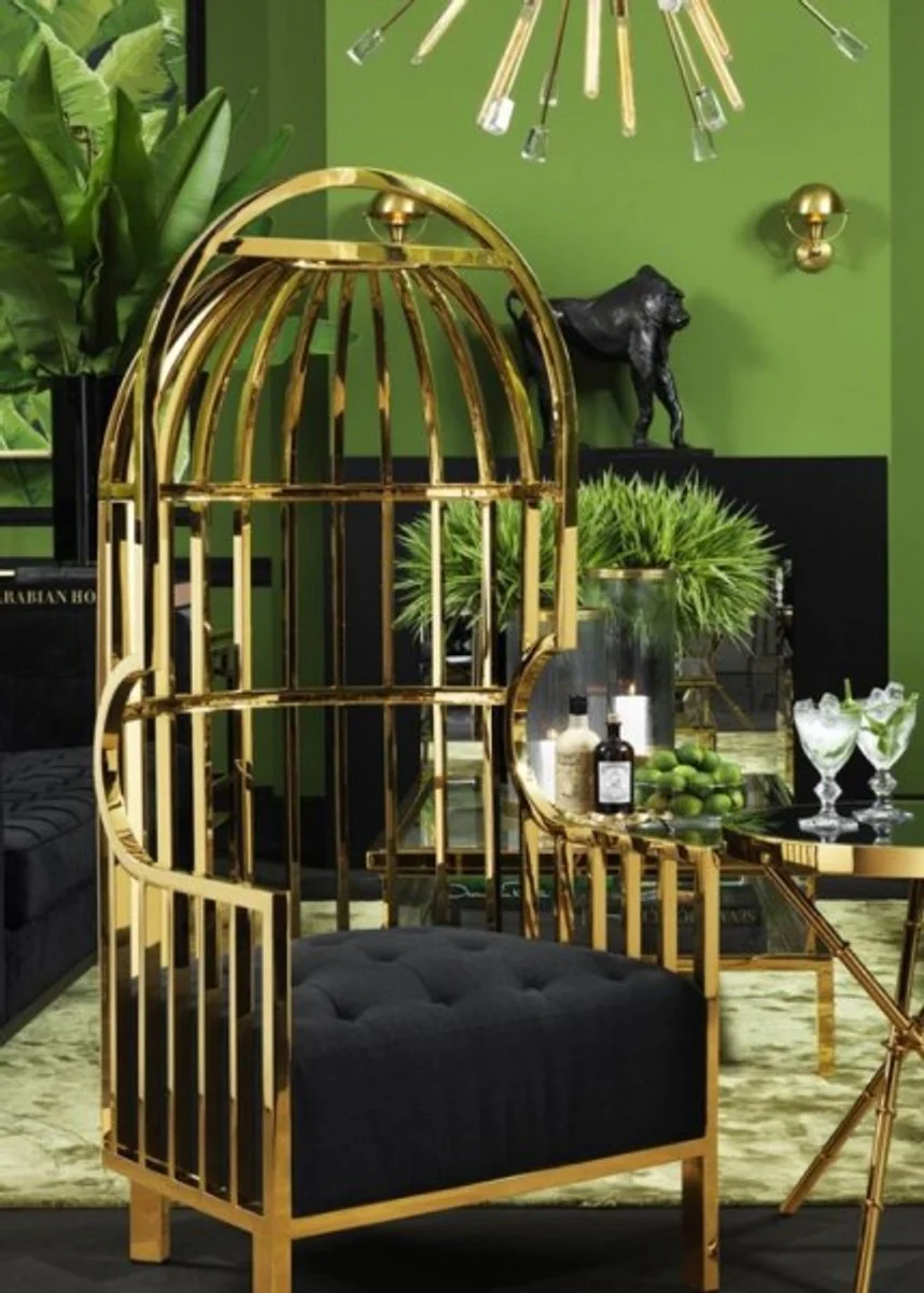 Luxus Designer Art Deco Salon Sessel Schwarz / Gold - Luxus Kollektion- Haubensessel Metall