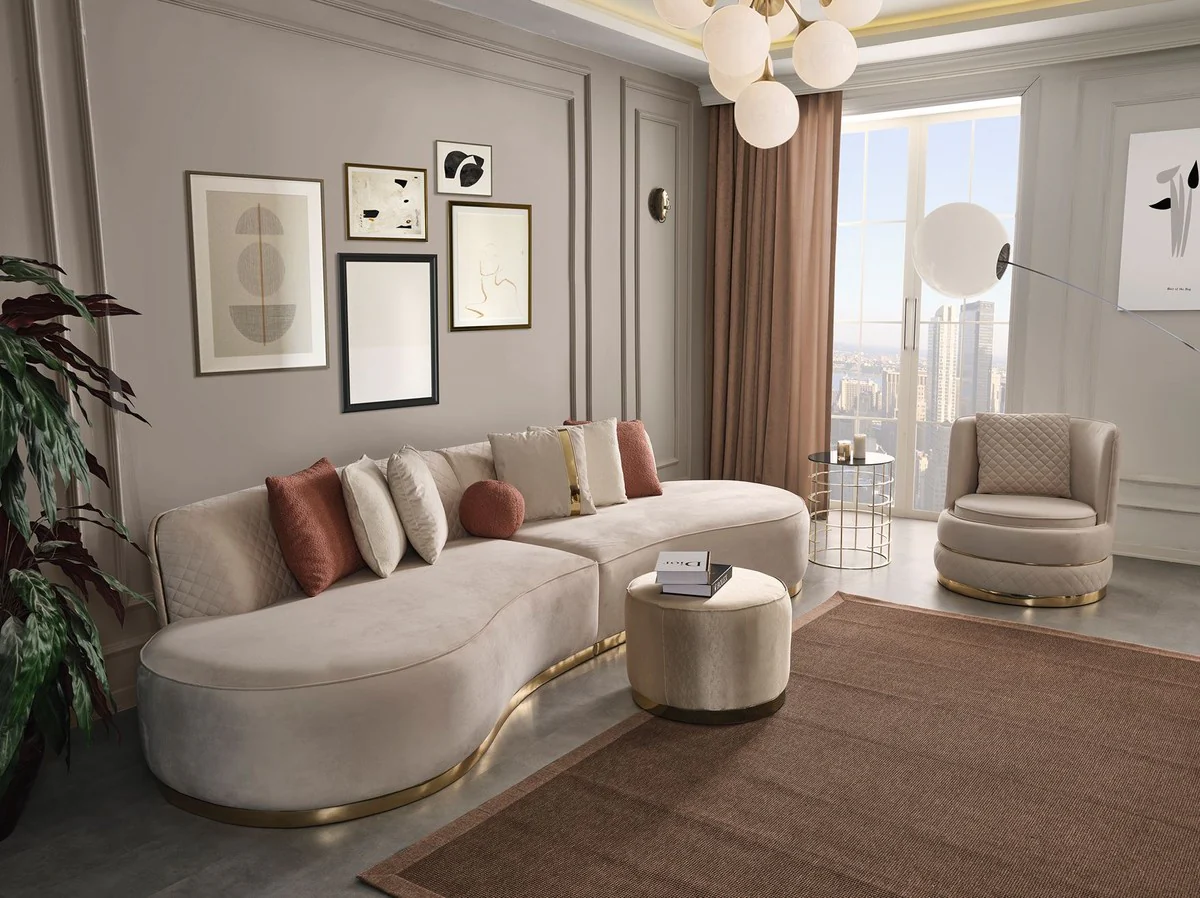 Luxus Samt 4er Sofa Creme / Gold 330 x 120 x H. 76 cm - Wohnzimmer Sofa mit edlem Samtstoff - Wohnzimmer Möbel - Luxus Möbel - Wohnzimmer Einrichtung - Luxus Einrichtung