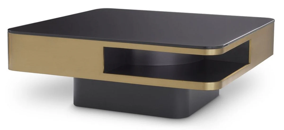 Luxus Couchtisch Messingfarben / Schwarz 89,5 x 89,5 x H. 33,5 cm - Wohnzimmertisch mit Glasplatte - Wohnzimmer Möbel - Luxus Möbel