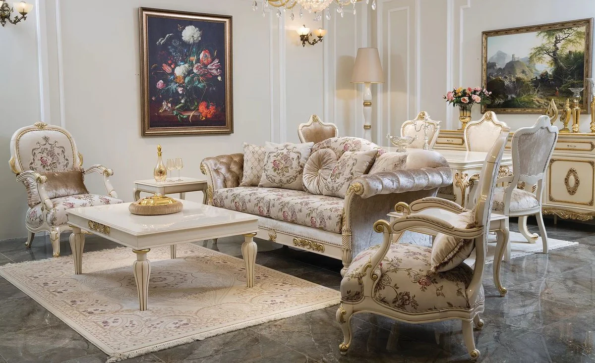 Luxus Barock Sofa Creme / Rosa / Weiß / Gold 228 x 90 x H. 100 cm - Edles Wohnzimmer Sofa mit Blumenmuster und dekorativen Kissen - Barock Wohnzimmer Möbel
