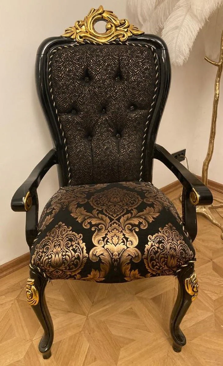 Luxus Barock Esszimmer Stuhl mit Armlehnen Schwarz / Gold - Esszimmer Möbel im Barockstil - Luxus Möbel im Barockstil - Barock Interior - Barock Möbel - Edel & Prunkvoll