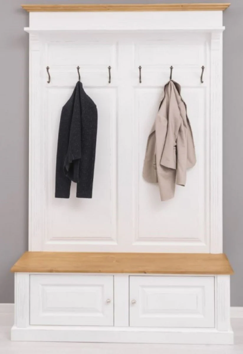 Landhausstil Massivholz Garderobenschrank Weiß / Naturfarben 140 x 41 x H. 210 cm - Wand Garderobe - Flur Schrank - Flurmöbel - Garderobenmöbel - Landhausstil Möbel