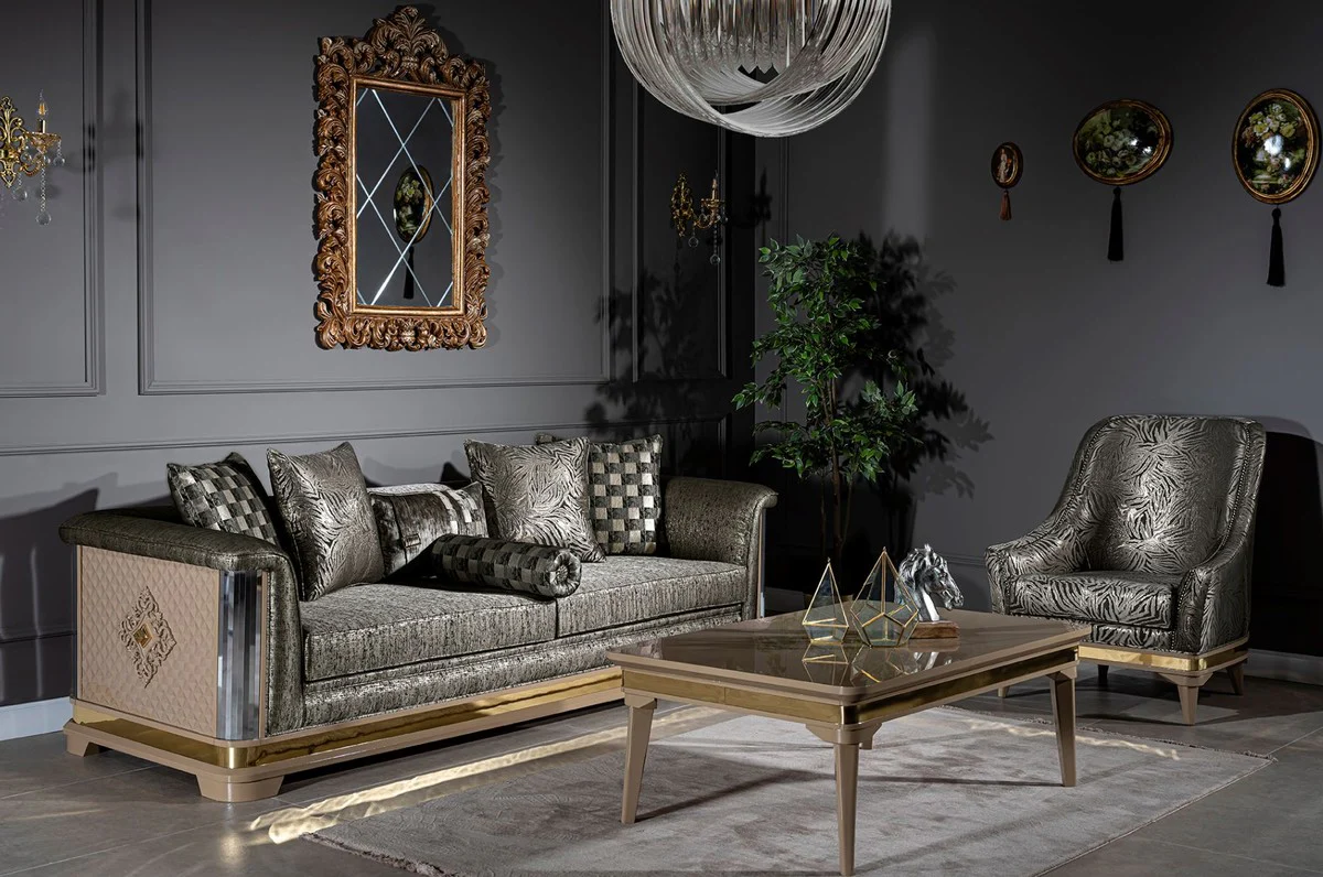 Luxus Art Deco Sofa Silber / Schwarz / Beige / Gold 249 x 93 x H. 72 cm - Wohnzimmer Sofa mit dekorativen Kissen - Art Deco Wohnzimmer Möbel