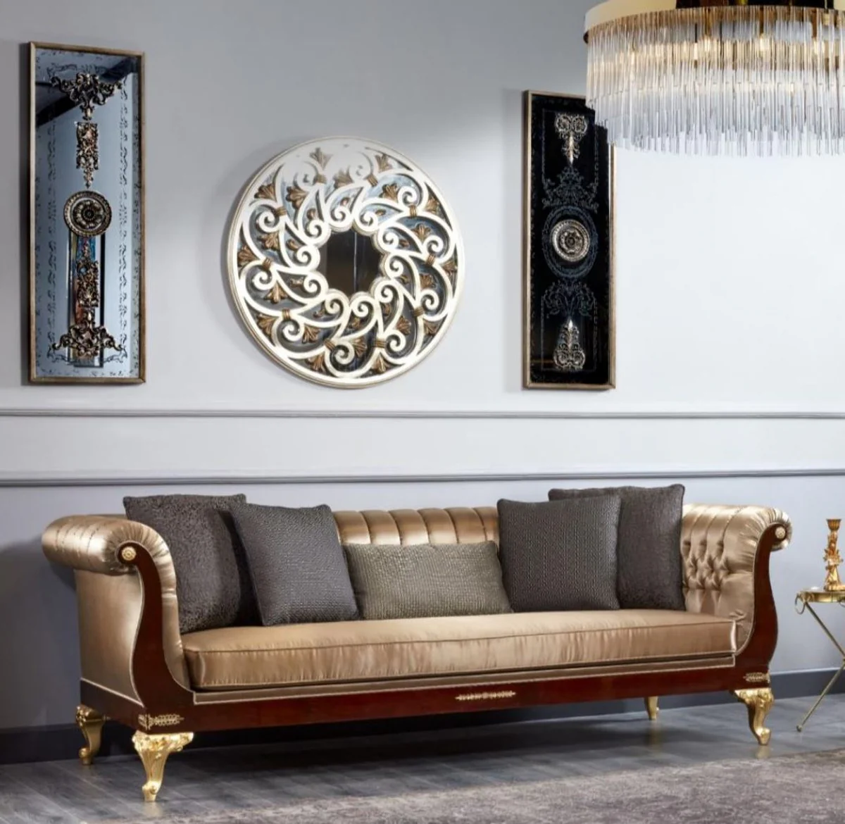 Luxus Barock Chesterfield Sofa Gold / Dunkelbraun - Prunkvolles Wohnzimmer Sofa - Barockstil Wohnzimmer Möbel - Luxus Möbel im Barockstil - Barock Einrichtung - Edel & Prunkvoll