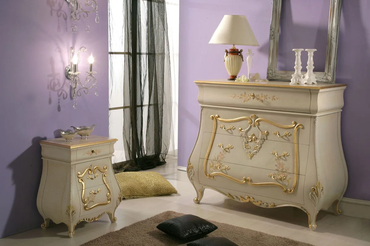 Luxus Barock Kommode Creme / Gold - Handgefertigte Massivholz Kommode mit 4 Schubladen - Luxus Schlafzimmer Möbel im Barockstil - Barock Möbel - Luxus Qualität - Made in Italy