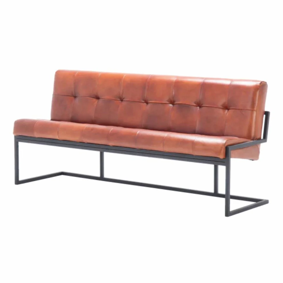 Luxus Chesterfield Echtleder Sitzbank Hellbraun / Schwarz 200 cm - Echtleder Möbel
