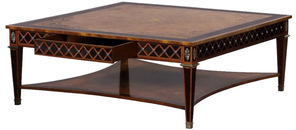Luxus Art Deco Couchtisch Naturfarben / Braun Intarsien / Silber / Antik Messing 130 x 130 x H. 50 cm - Quadratischer Wohnzimmertisch - Luxus Art Deco Wohnzimmer Möbel