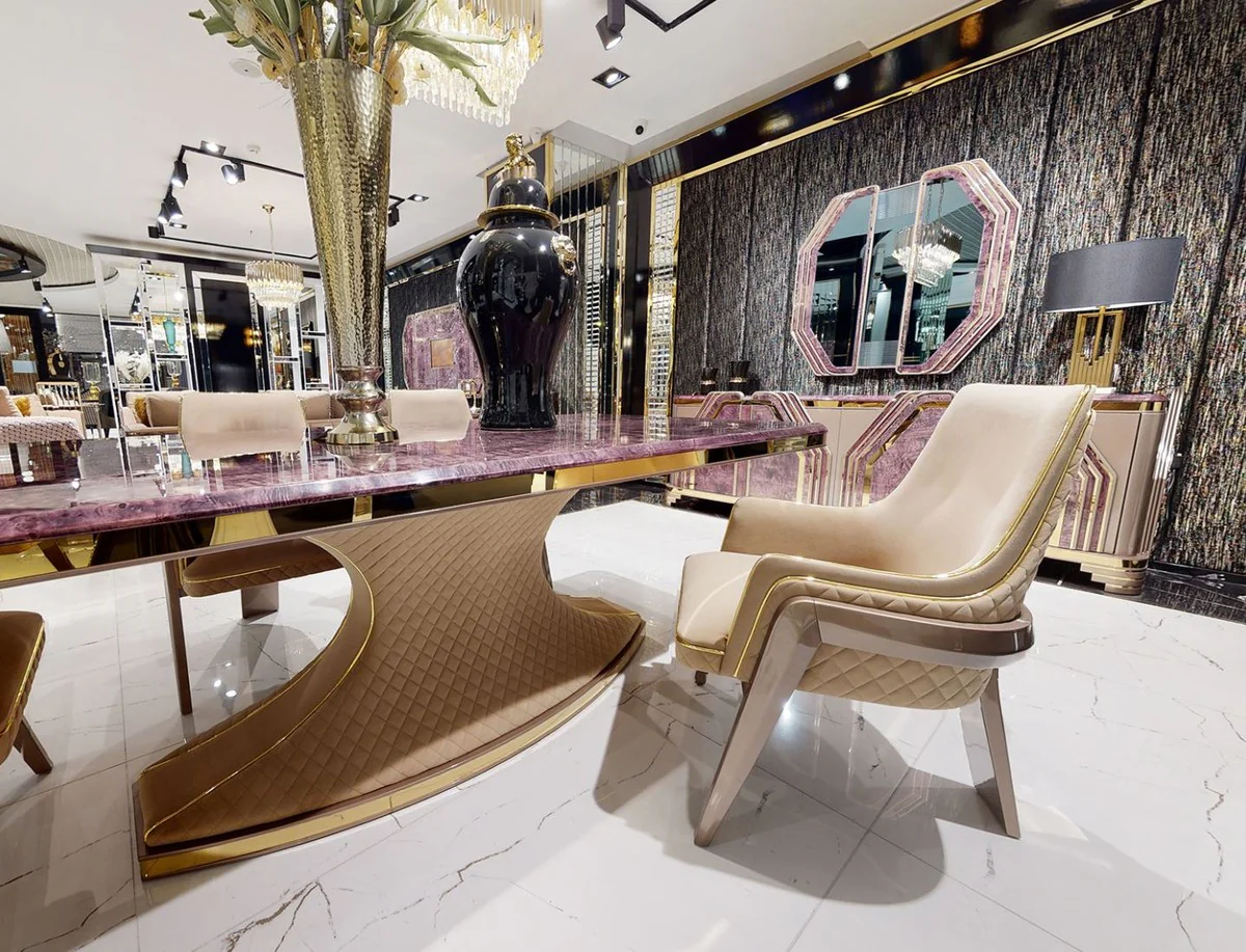 Luxus Art Deco Esstisch Lila / Beige / Gold - Handgefertigter Massivholz Küchentisch mit Tischplatte in Marmoroptik - Art Deco Esszimmer Möbel