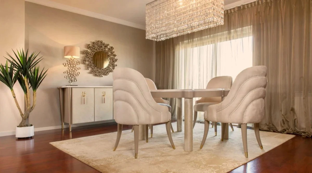 Luxus Esszimmer Set Cremefarben / Taupe / Grau / Gold - 1 Marmor Esstisch & 4 Esszimmerstühle mit edlem Samtstoff - Luxus Esszimmer Möbel - Luxus Qualität - Made in Italy