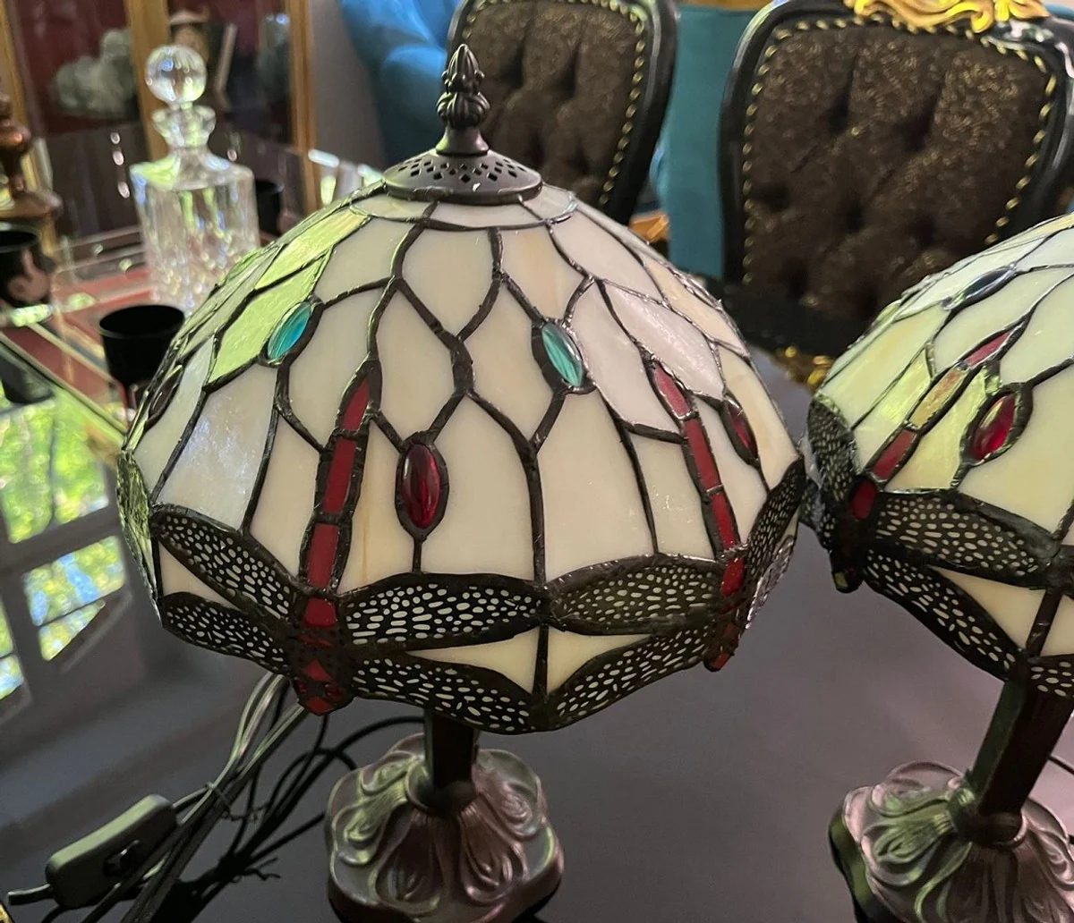 Luxus Tiffany Tischleuchten Set Mehrfarbig Ø 25 x H. 40 cm - Tiffany Schreibtischleuchten - Wohnzimmer Deko Leuchten - Scheibtisch Deko Leuchten - Luxus Tiffany Leuchten