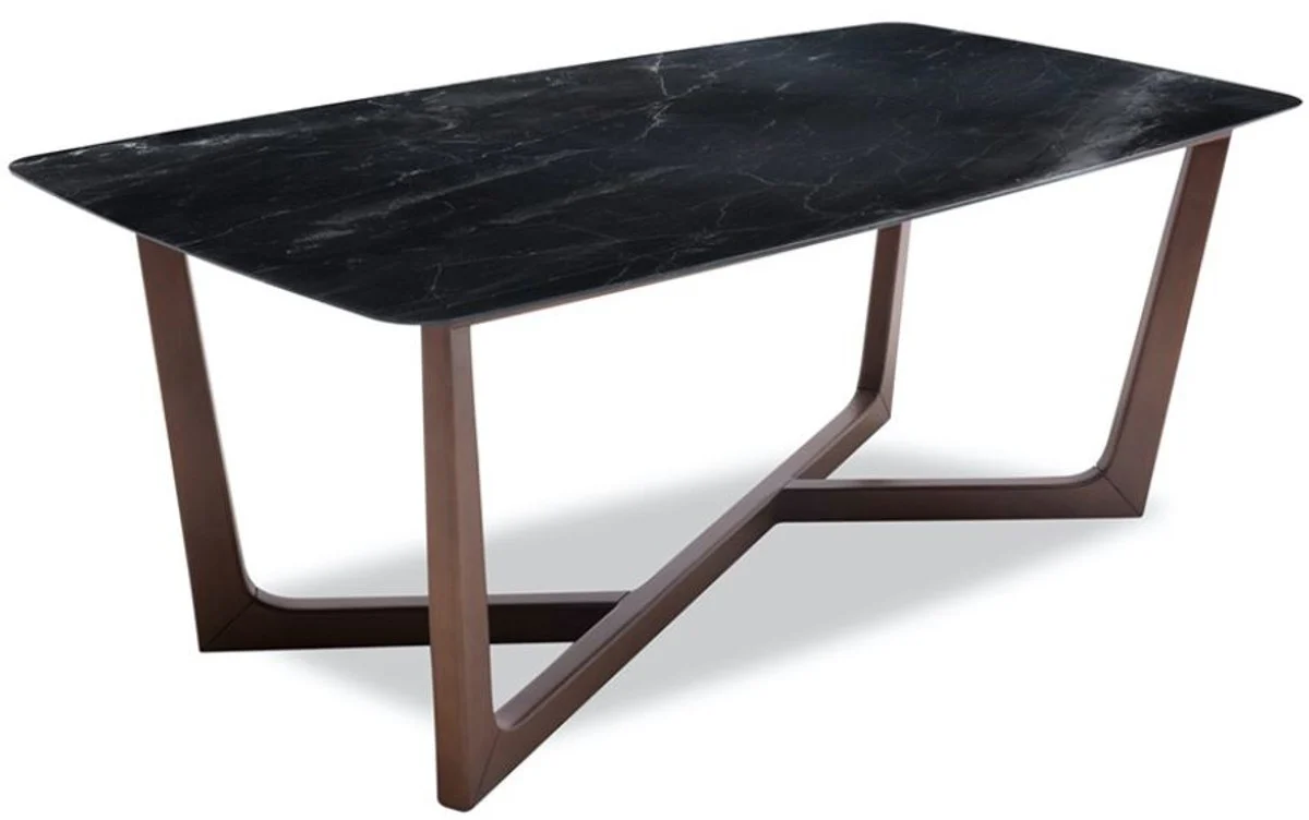 Luxus Esstisch Schwarz / Braun 200 x 100 x H. 77 cm - Küchentisch mit edler Glaskeramik Tischplatte in Marmoroptik und massiven Buchenholz Beinen - Luxus Esszimmer Möbel