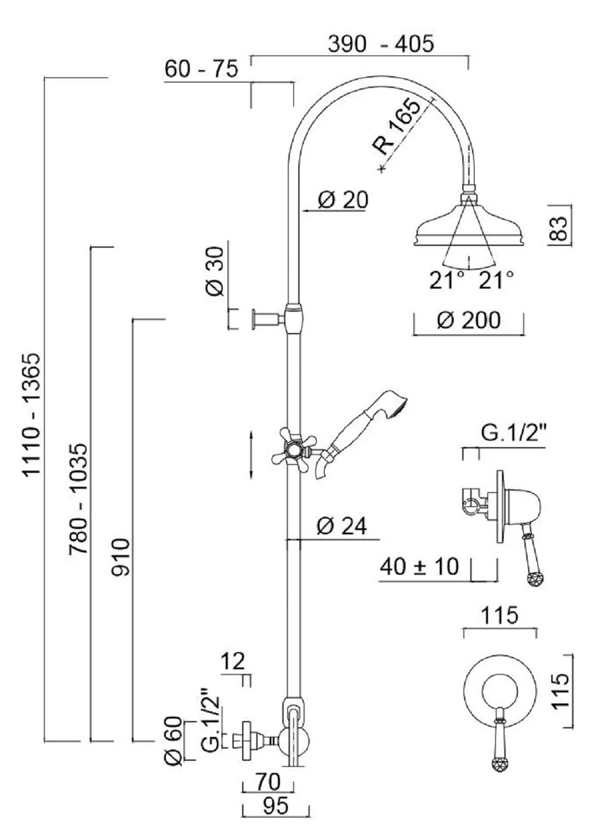 Luxus Jugendstil Duscharmaturen Set mit Swarovski Kristallglas Silber - Einhelbelmischer mit Duschsäule und Handbrause - Retro Badezimmer Duschgarnitur