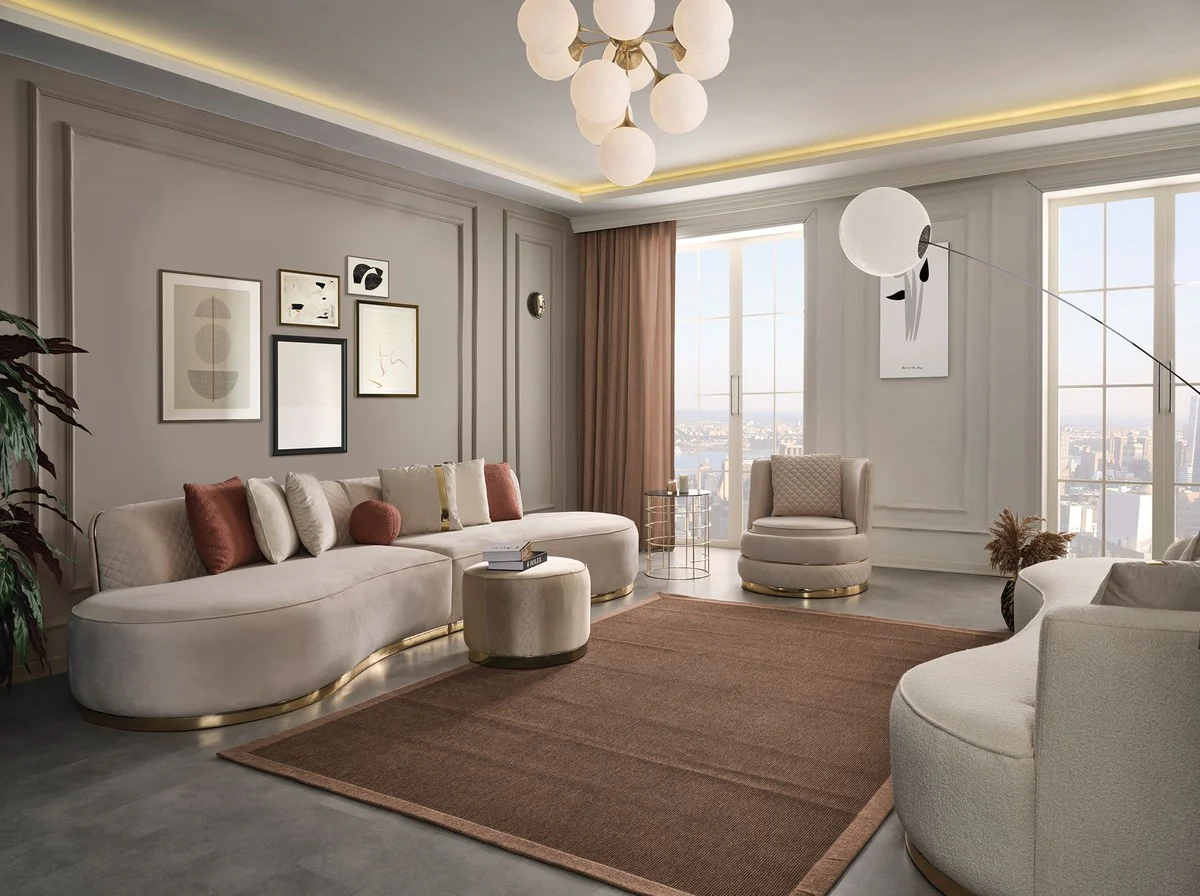 Luxus Samt 4er Sofa Creme / Gold 330 x 120 x H. 76 cm - Wohnzimmer Sofa mit edlem Samtstoff - Wohnzimmer Möbel - Luxus Möbel - Wohnzimmer Einrichtung - Luxus Einrichtung