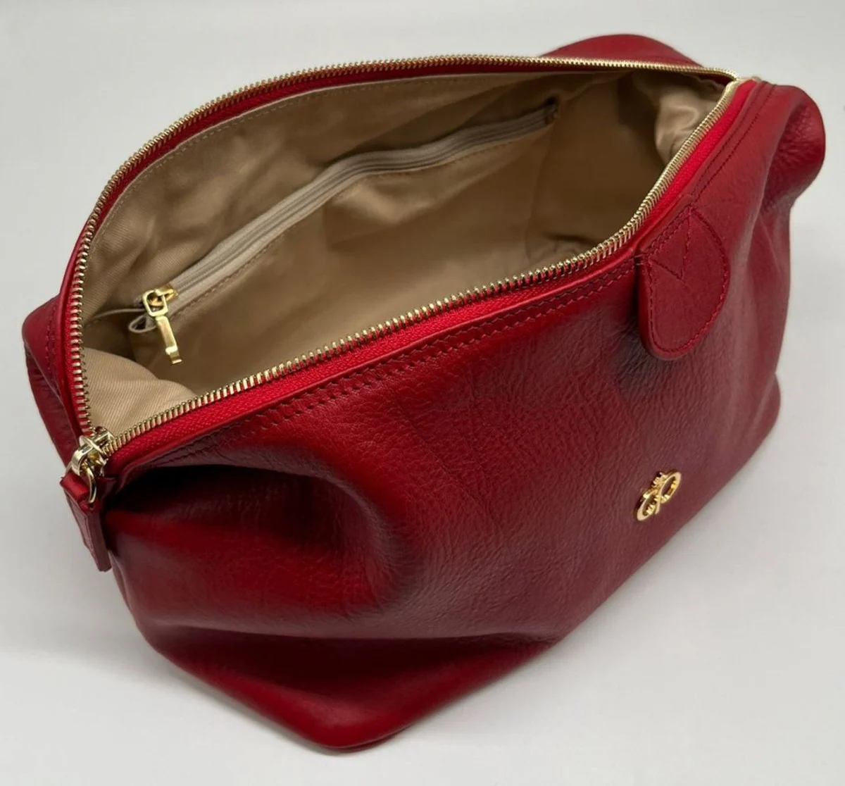 Luxus Echtleder Kosmetiktasche Rot / Gold 28 cm - Made in Italy