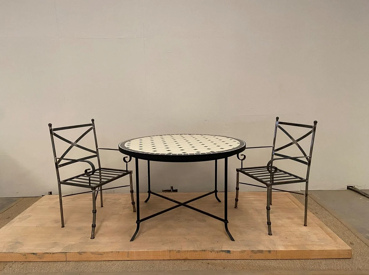 Luxus Jugendstil Gartenstuhl mit Armlehnen und Sitzkissen Braun / Weiß 61 x 51 x H. 97 cm - Handgeschmiedeter Esszimmer Stuhl - Esszimmer Garten Terrassen Möbel