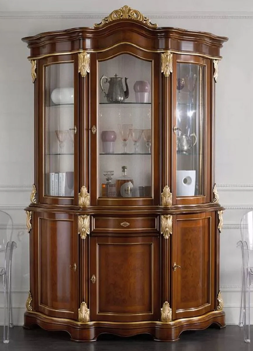 Luxus Barock Vitrine Braun / Gold - Handgefertigter Vitrinenschrank mit 6 Türen und Schublade - Prunkvolle Barock Möbel - Luxus Qualität - Made in Italy