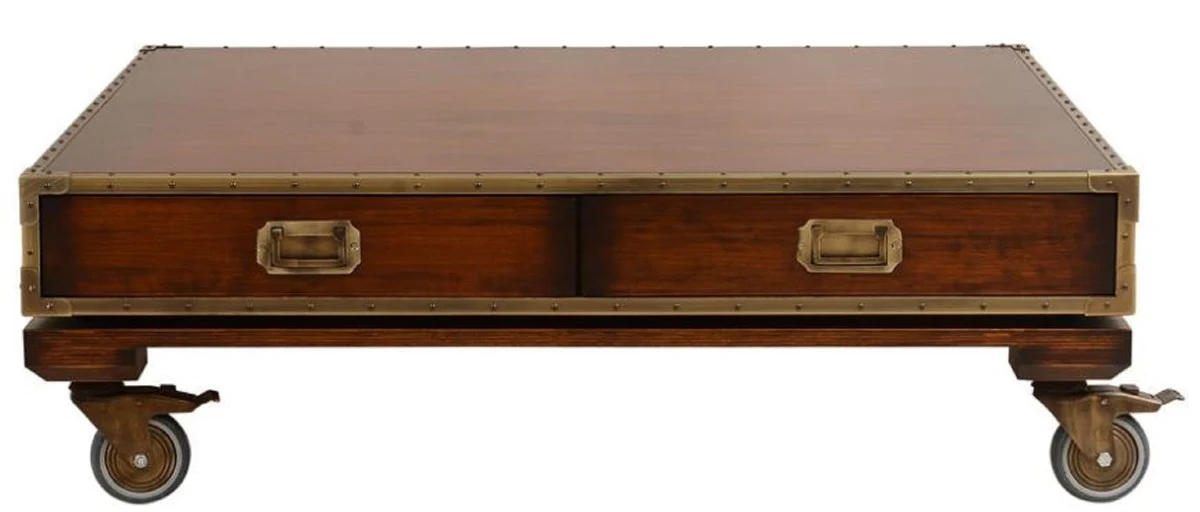 Luxus Vintage Stil Couchtisch Braun / Messing 109 x 109 x H. 35 cm - Quadratischer Massivholz Wohnzimmertisch mit Rollen und Schubladen - Vintage Stil Wohnzimmer Möbel - Luxus Möbel