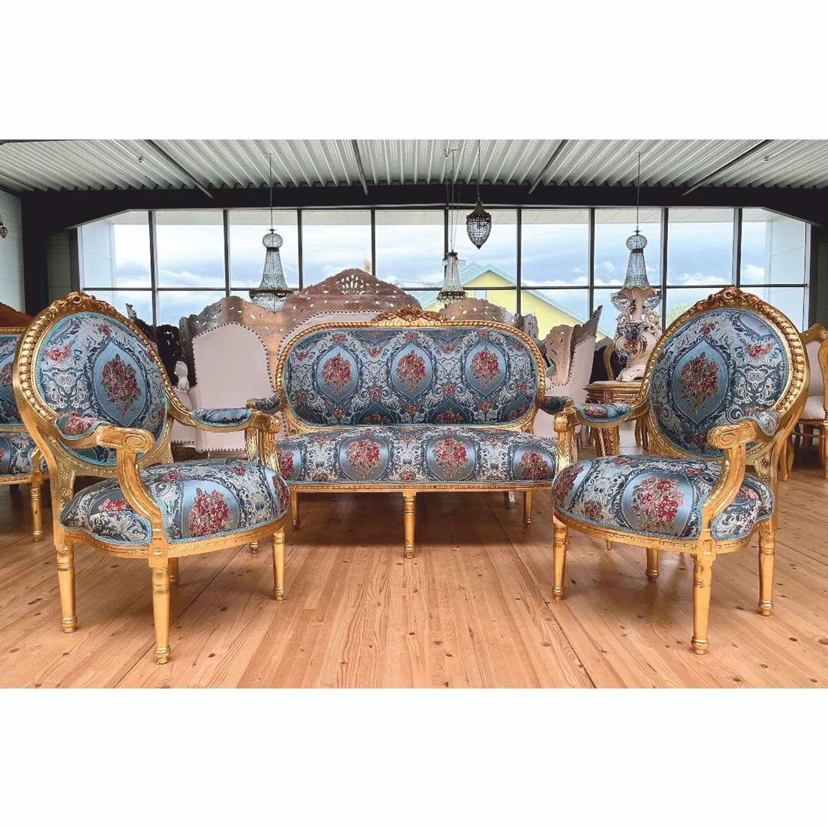 Barock 2er Sofa Hellblau / Bunt / Gold 150 cm - Barock Möbel