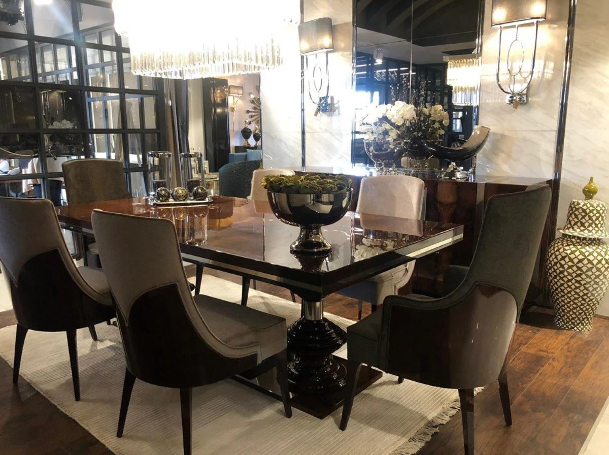 Luxus Art Deco Esszimmer Stuhl Set Dunkelgrau / Dunkelbraun Hochglanz - Küchen Stühle 6er Set - Edle Art Deco Esszimmer Möbel